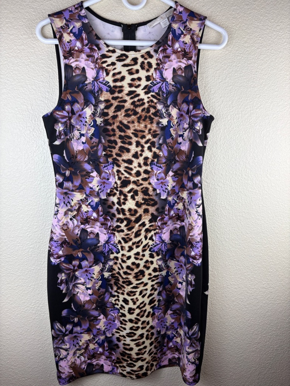 BOSTON PROPER PURPLE LEOPARD & LILY SHEATH MINI FITTED BODYCON DRESS SIZE 10